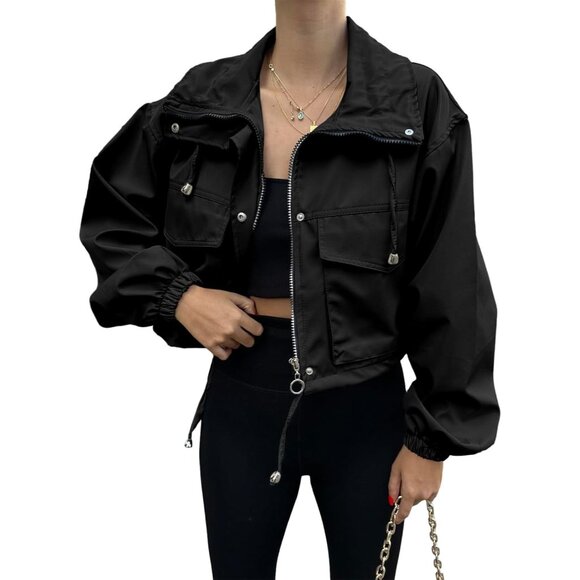Womens Black Tankaneo Cropped Jacket Zip Up Oversized Utility Anorak Coat - Picture 2 of 4